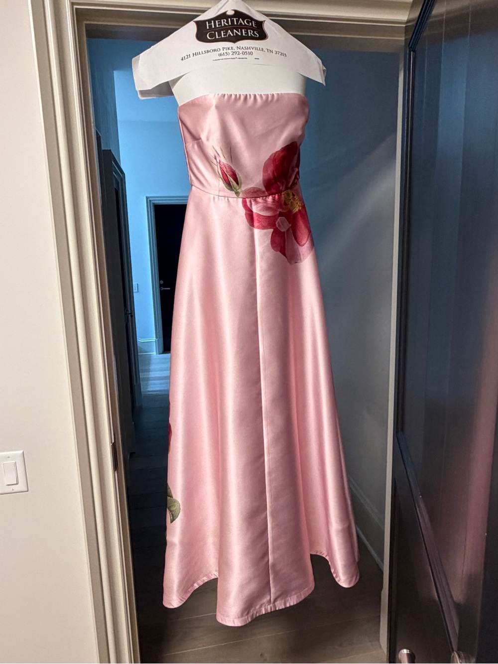 Pink Floral Satin Strapless Dress